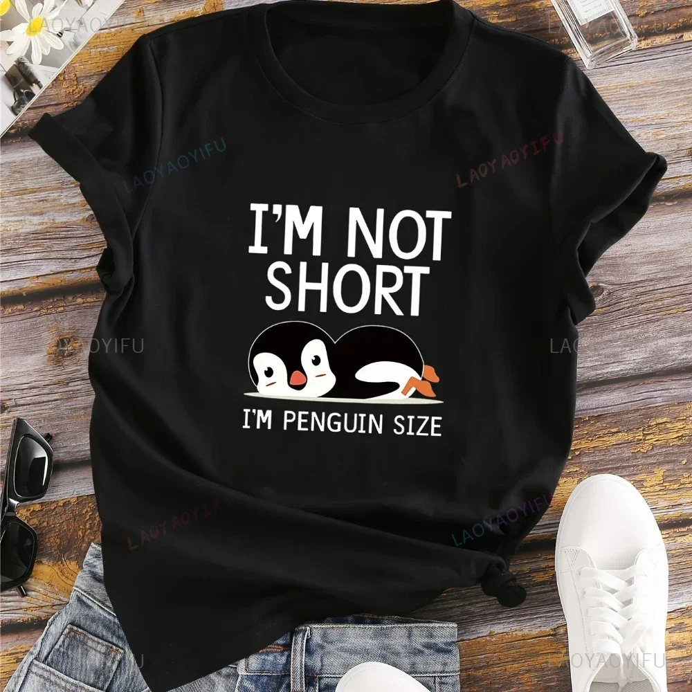 Im Not Short Im Penguin Size Letter Animals Print T-Shirt Crew Neck Short Sleeve T-Shirt Casual Every Day Tops Women's Clothing