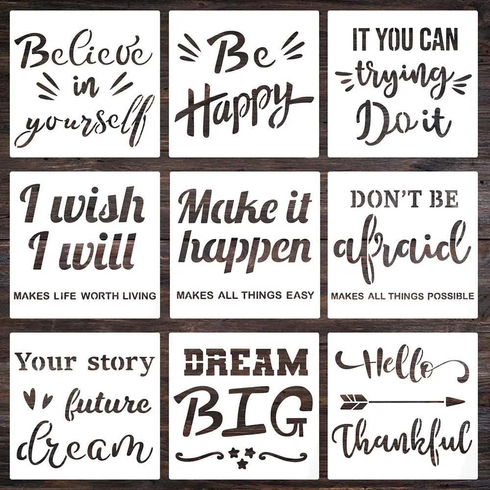 9Pcs Inspirational Painting Template 20x20cm Stencils for Painting on Wood Reusable Stencil Set Includes Large Painting Stencils