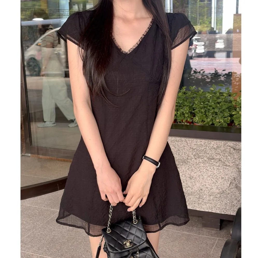 Sweet Style Lace Trim V-neck Dress Waist-cinching Slimming A-line Skirt Short Sleeve Summer Casual Women's Dress