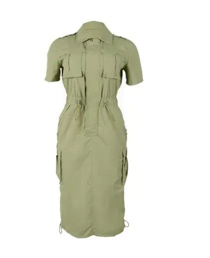 

Womens Dresses Spring Summer Multi Pocket Workwear Drawstring Insert Pocket Dress Temperament Commuting Casual Dress