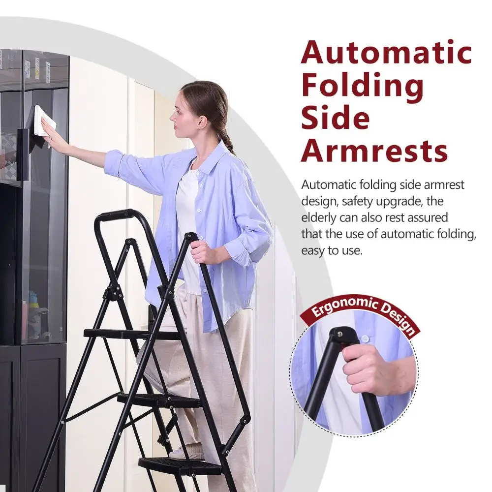 Four Step Ladder Lightweight Folding Four Step Stool Wide Anti Slip Pedal Safety Handle Multi-purpose Step Ladder Suitable Home