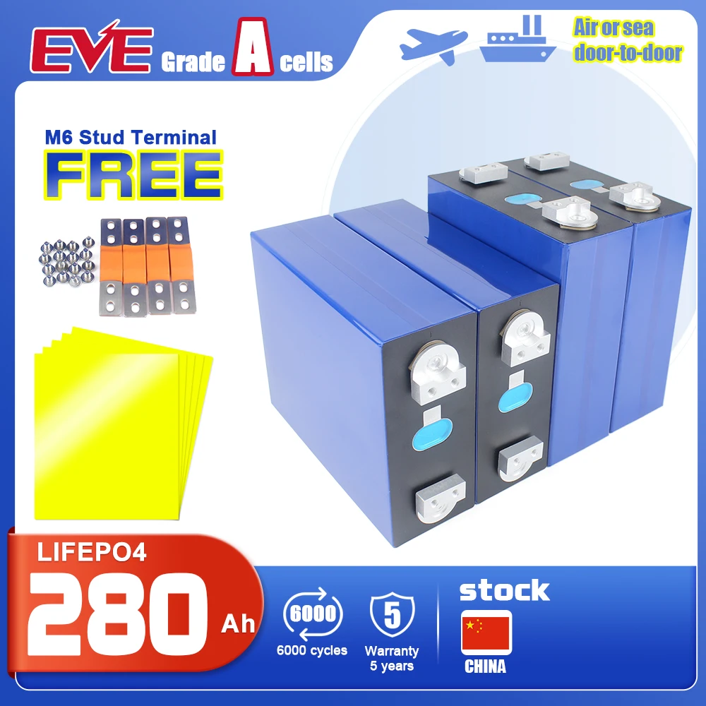 

EVE Grade A 3.2V 280Ah Lifepo4 Rechargeable Batteries 4-16PCS For Solar Energy Storage Home Appliance DIY 12V 24V 48V Boat RV