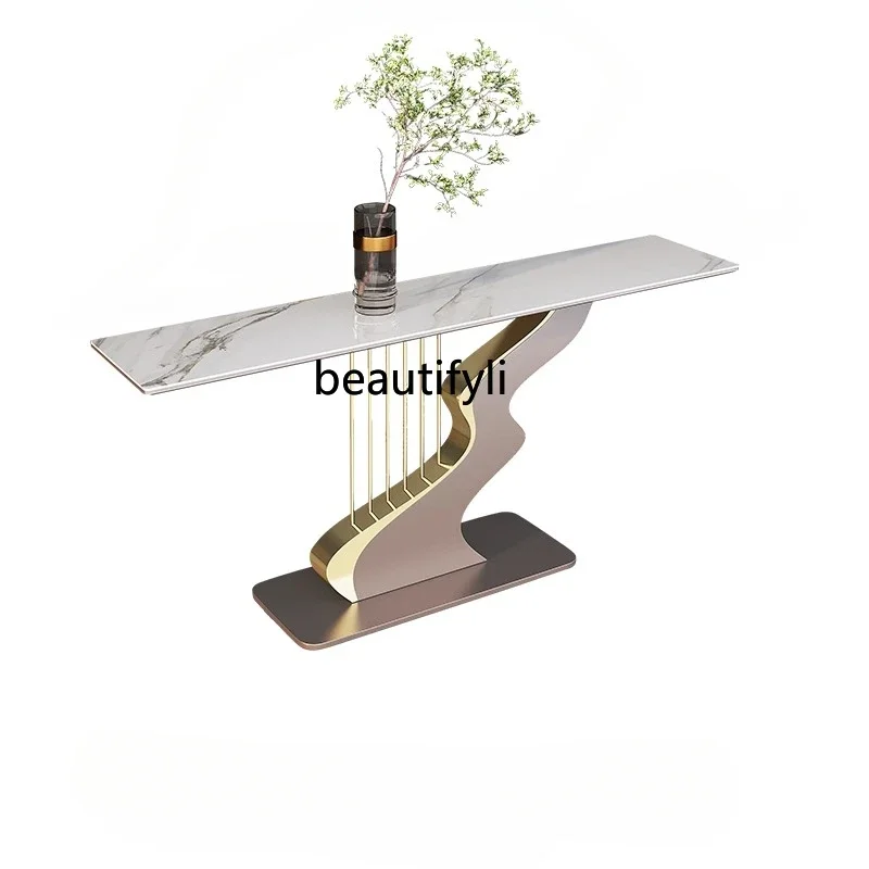 

Creative and Slightly Luxury Stone Plate Console Tables Living Room Console Hallway Corridor Stainless Steel Titanium Console