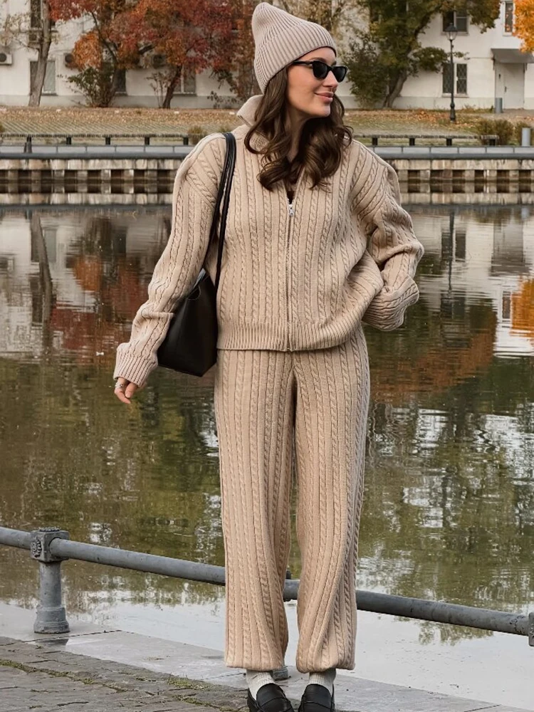 Women 2 Pieces Cable Knit Tracksuit Stand Collar Full Zip Knitted Cardigan Wide Leg Pants Set Casual Sweater Suits Warm Outfit