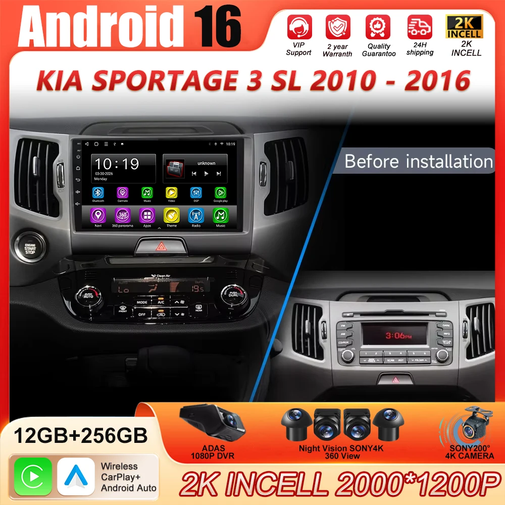 Android 16 For Kia Sportage 3 SL 2010 - 2016 2K QLED Android Car Radio Multimedia Video Player GPS Stereo CarPlay 4G Head Unit