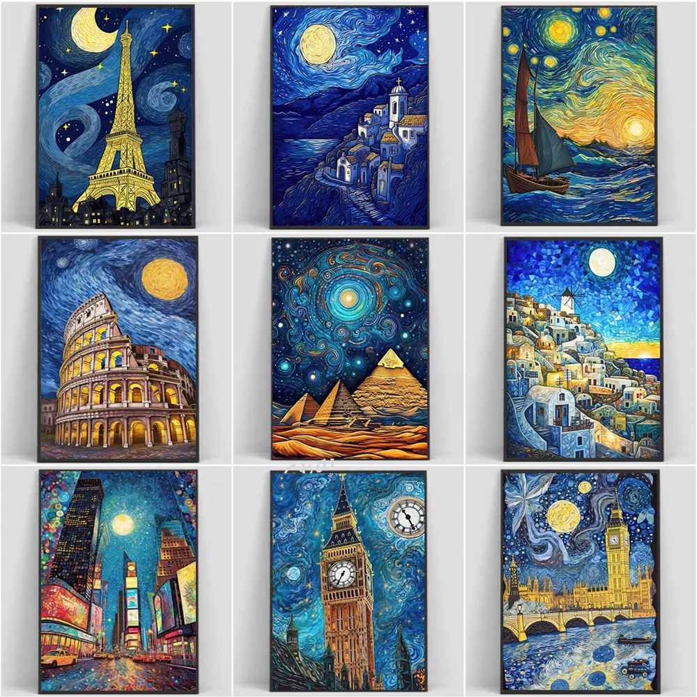 

Van Gogh Style New York Times Square London Paris Colosseum Santorini Starry Night Poster Canvas Painting Home Wall Decor Gift