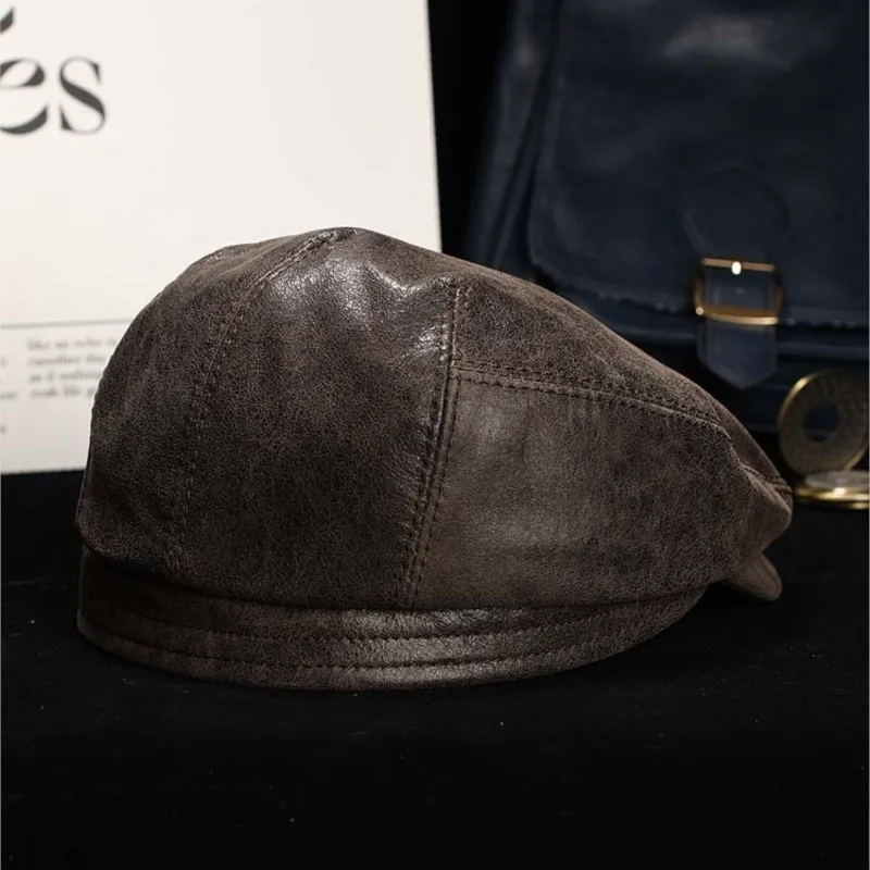 Hand-stitched frosted cowhide beret mid-aged sheepskin with a vintage leather front cap for men