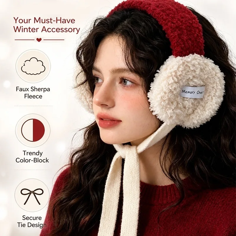 Korean Style Color Blocked Lambskin Plush Ear Muffs Thickened Warmth Cold Protection Winter Ear Protection Straps Cute Ear Bags