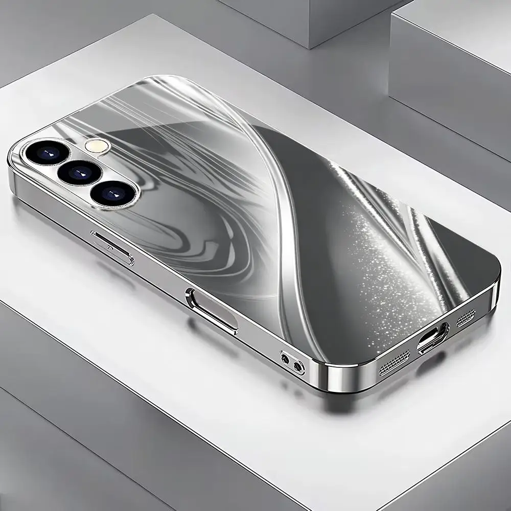 Curved texture silver plated glass phone case suitable for Samsung Galaxy S26 S25 S24 S23 S22 S21 S20 FE/Ultra/Plus anti drop