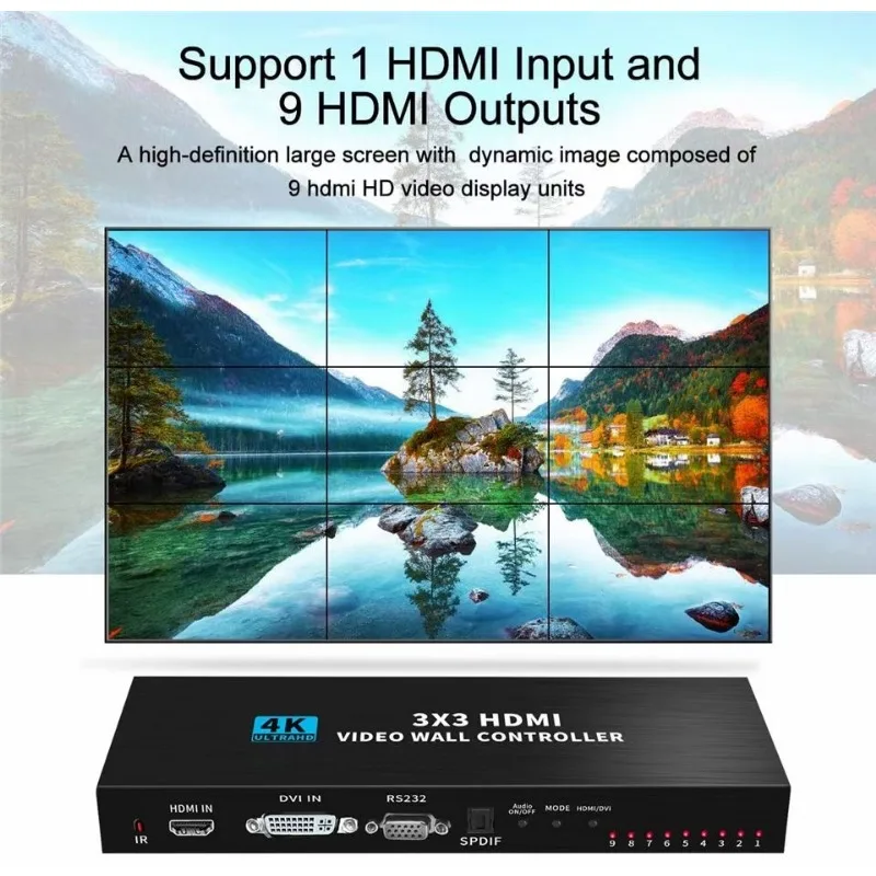 4K 3x3 HDMI Video Wall Controller, 1 in 9 Out 1080P 60Hz HDMI-compatible Switch, Support 13 Display Modes with RS232 Remote