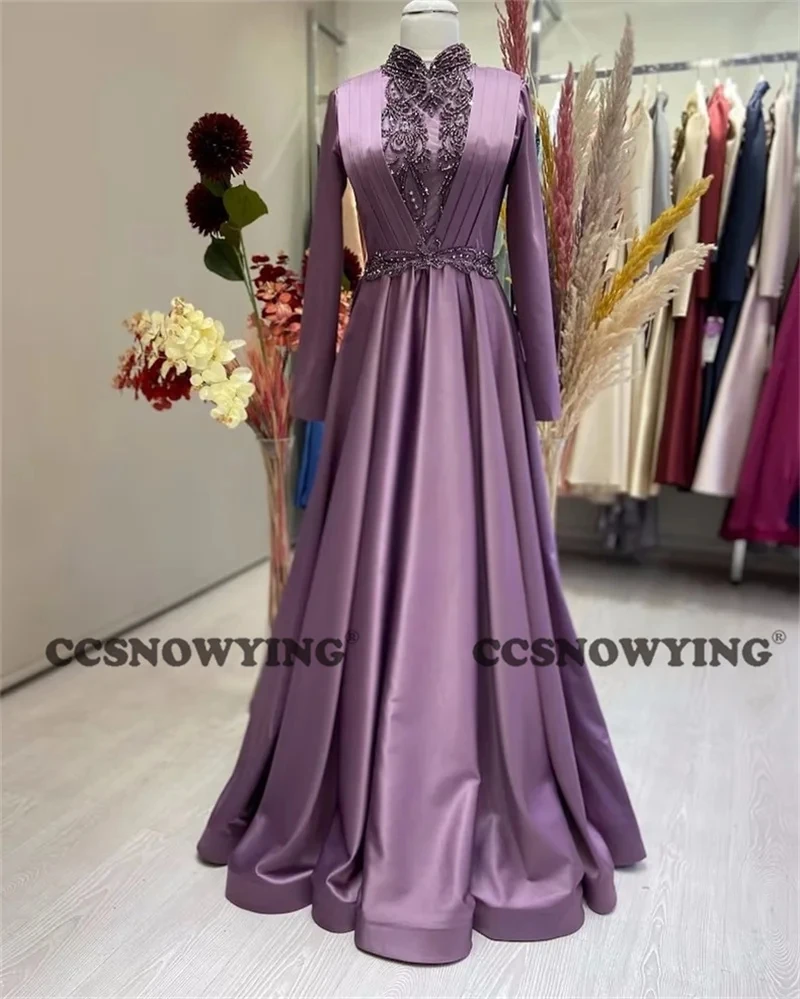 

Full Sleeve Hijab Muslim Evening Dresses Satin Appliques Beaded Islamic Women Formal Party Gowns Arabic Kafan Robes De Soirée