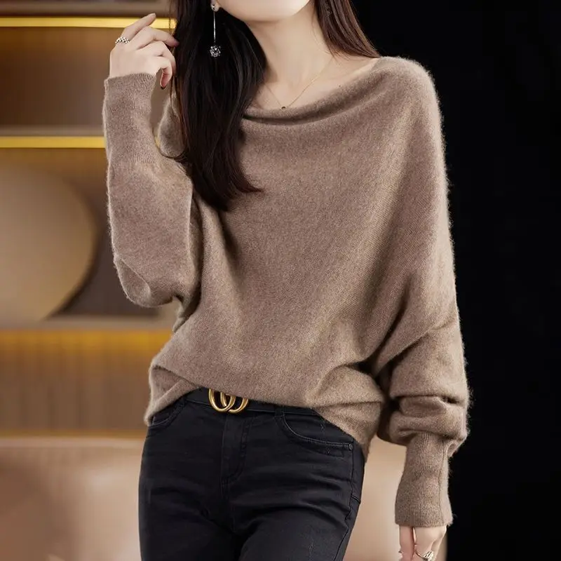 

Женская одежда, однотонный утепленный пуловер с рукавами «летучая мышь», свитер для женщин, осень-зима, повседневный свободный темпераментный элегантный вязаный топ