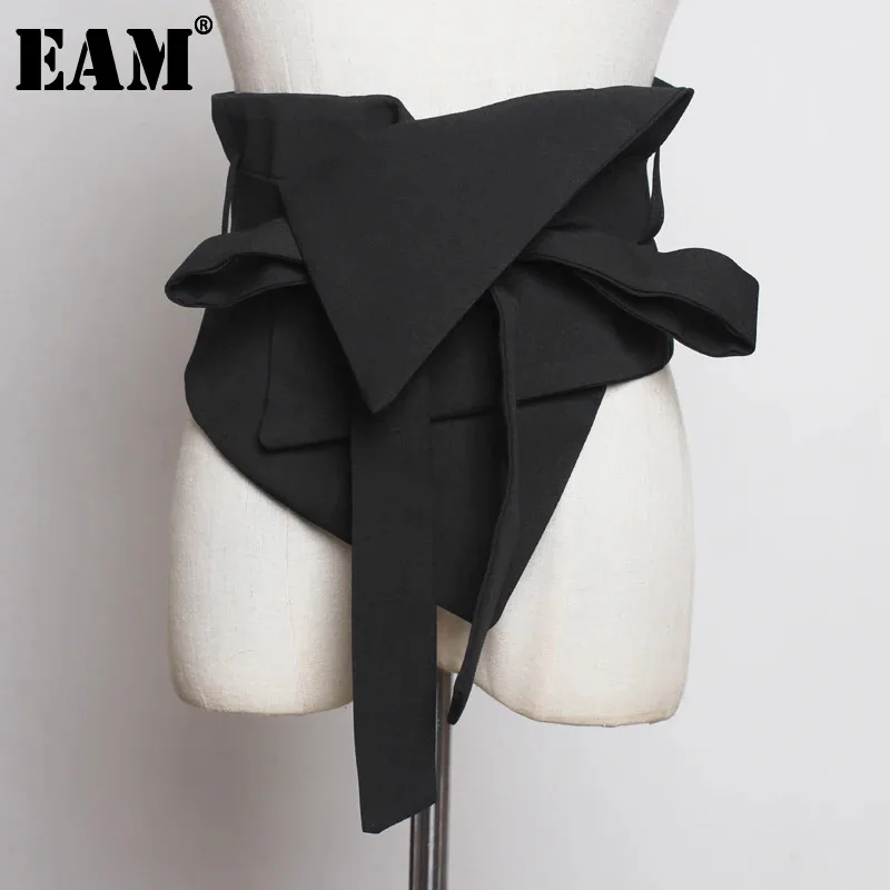 

[EAM] Black Cloth Asymmetrical Bow Bandage Wide Belt Personality Women New Fashion Tide All-match Spring Autumn 2024 1A778