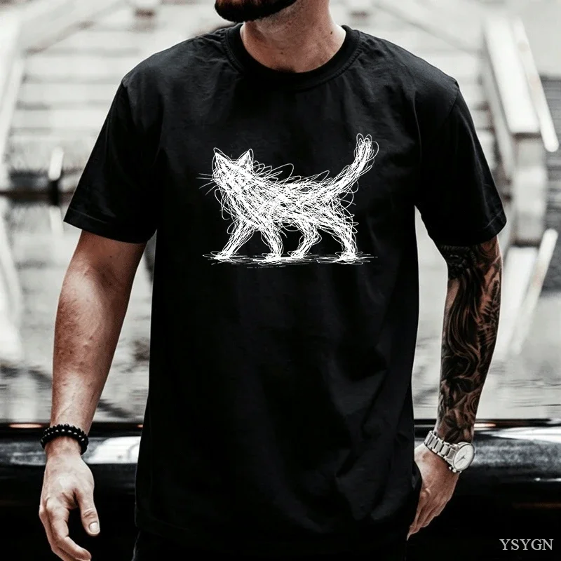 Vintage Cat Line T Shirt Funny Modern Sketch Animal Tee Cat Lover Graphic Tee Elastic Casual Short Sleeve Men T-shirt Clothes
