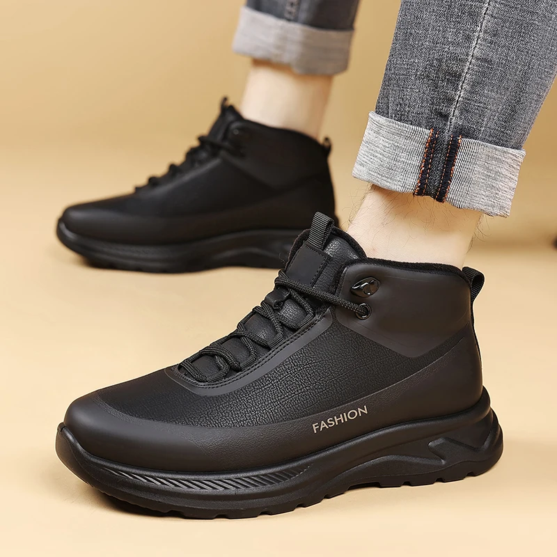 

Winter thick Fur Mens boots Outdoor leather boots Fashion male Comfortable warm leather shoes high top Ankle boots Botas Zapatos