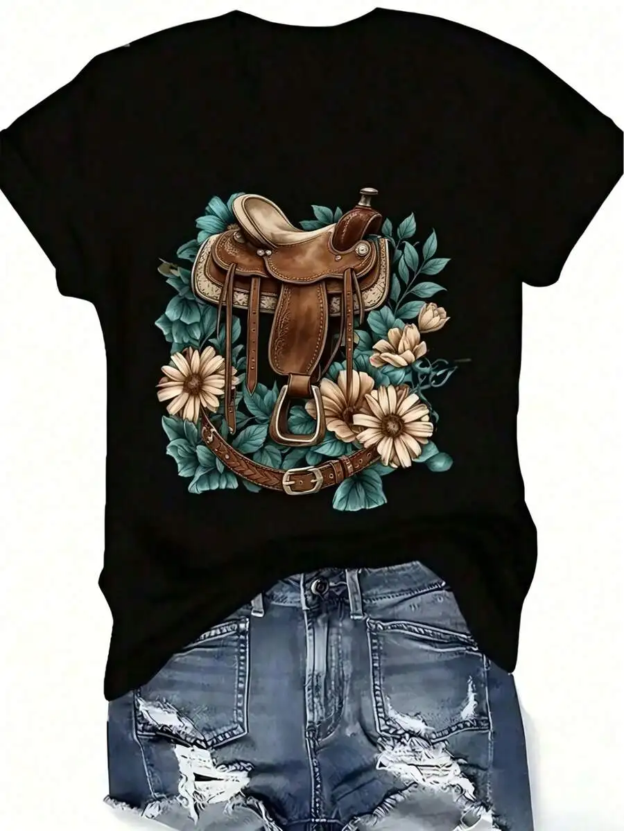 Women Spring‑Summer Casual T‑Shirt Oversized Western‑Style Boots Hat Floral Graphic Print Crew Neck Short Sleeve Loose Fit Everyday Wear Tee