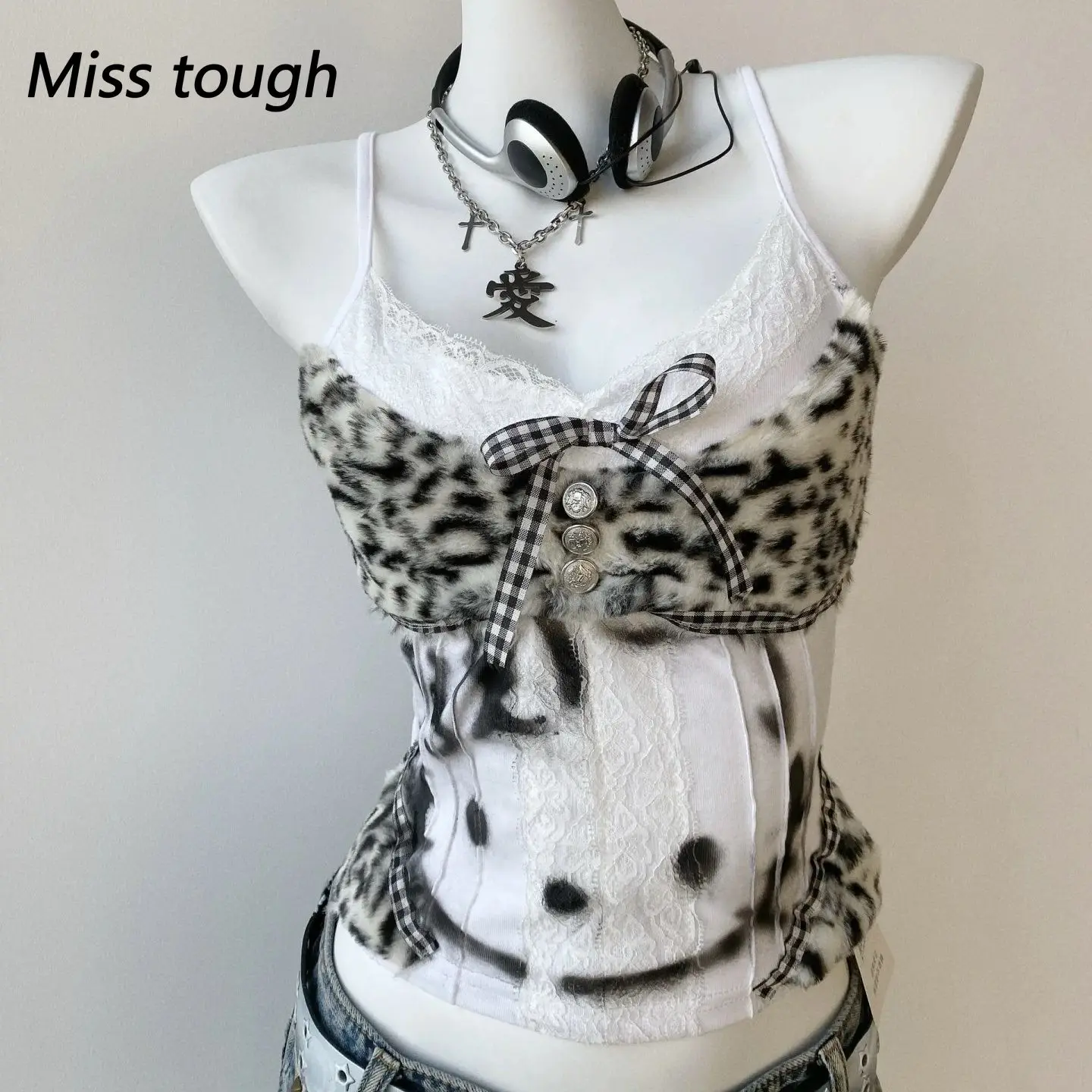 

Women Y2K Leopard Patchwork Tank Top Lace Trim Sleeveless Camisole with Bow Detail Grunge Aesthetic Sexy Streetwear Vest 2025
