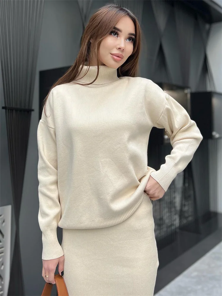 Tossy Solid Winter Turtleneck Two Piece Women Loose Knitwear Sweater And Fashion Long Skirt Sets Elegant Ribbed Female Outfits