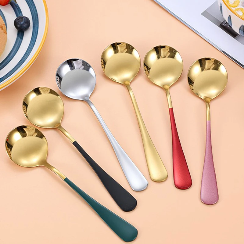 

1Pcs Korea Spoon Stainless Steel Flatware For Rice Salad Round Colorful Dessert Spoons Silverware Soup Scoop Tableware Tools