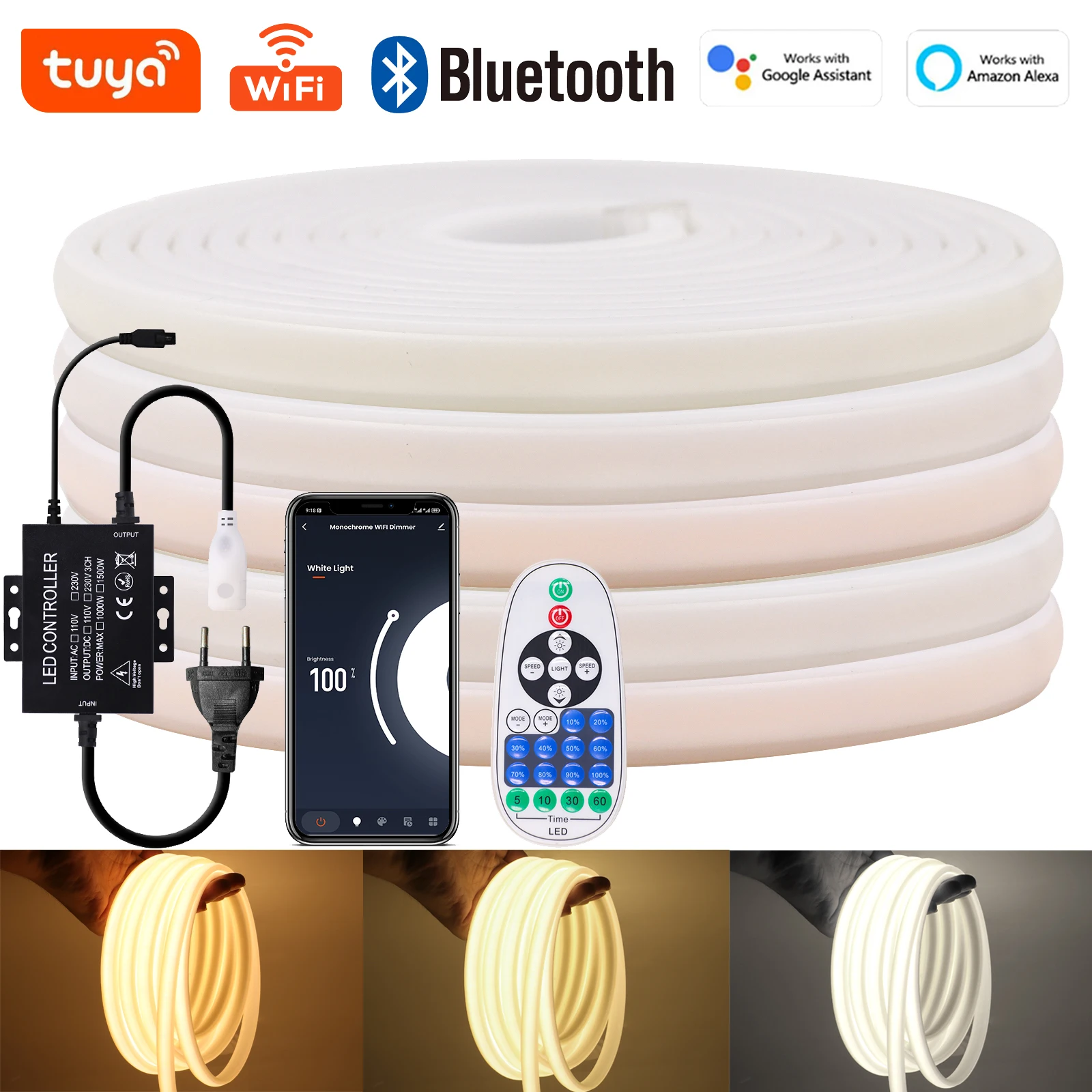 220V COB LED Strip Light Tuya WiFi Dimmable LED Neon Light Waterproof Flexible LED Strip COB Lights with EU Plug