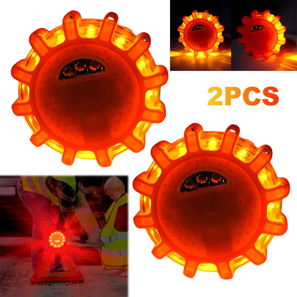 2Pcs Roadside Security Flare Discs Waterproof Amber Roadside Emergency Flares Beacon 10 Lighting Modes with Magnetic Base & Hook