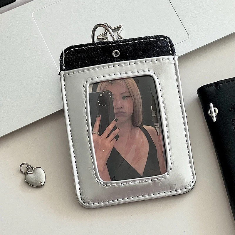 Denim Splicing Double Card Slot Kartenhalter 3-Zoll-Fotokartenhülle Kpop Small Card Display Card Cover