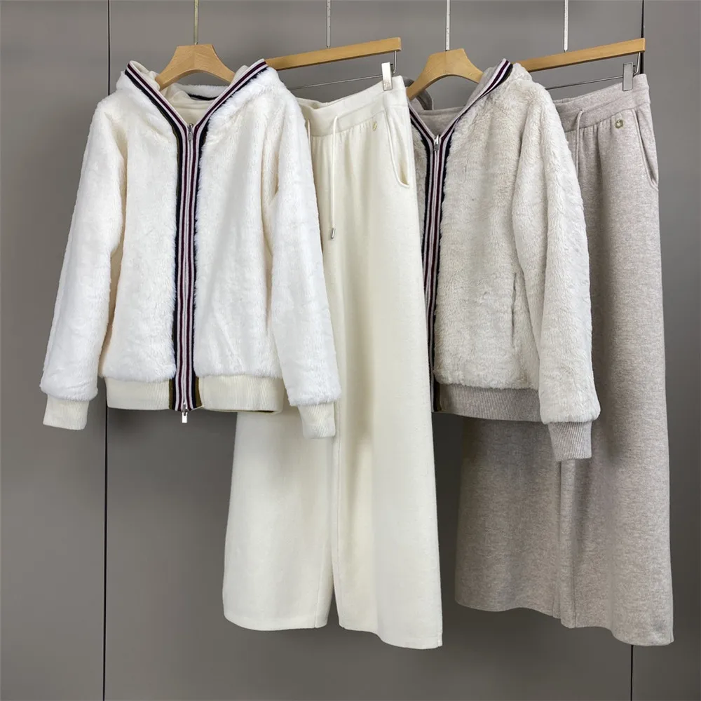 

25 осень/зима, новая женская двусторонняя кашемировая вязаная куртка контрастного цвета с капюшоном, пригодная для носки + повседневные широкие брюки