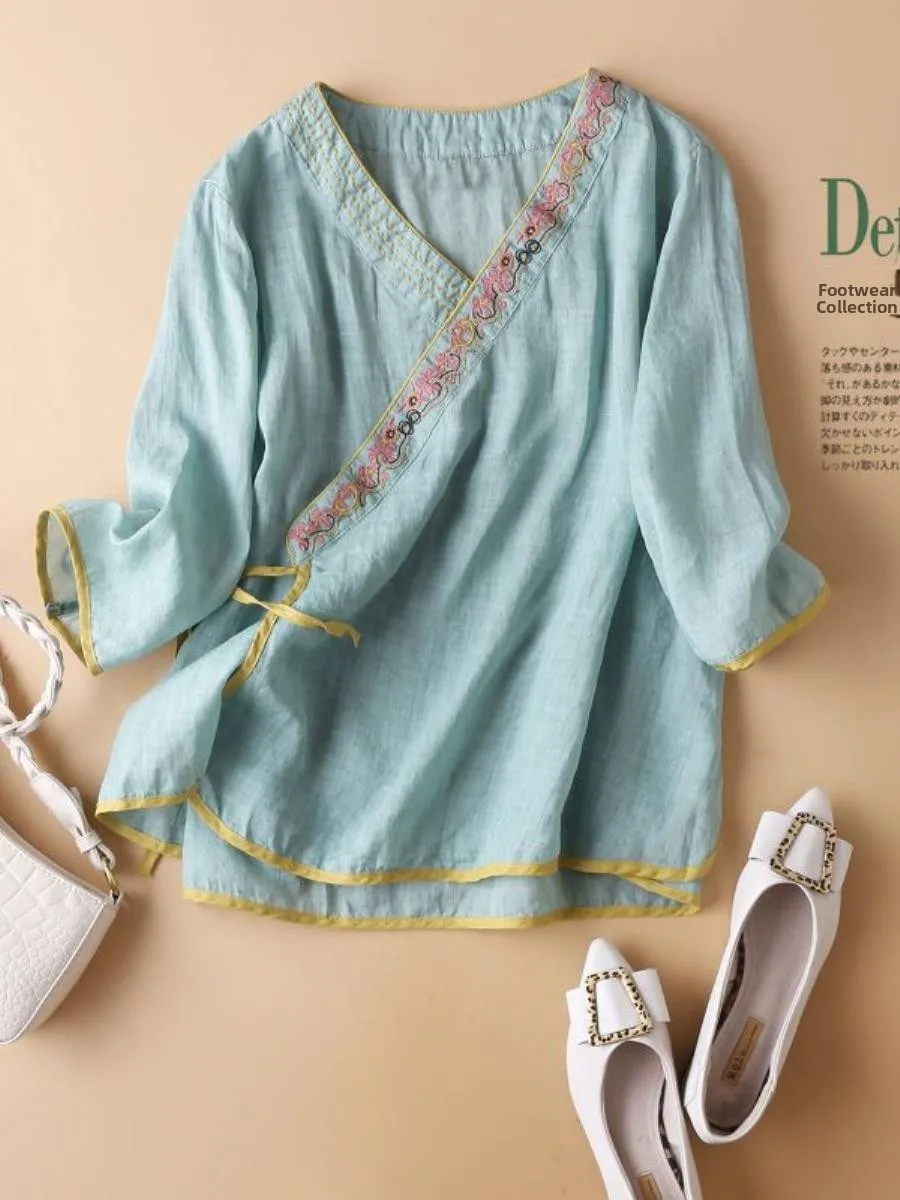 

Ladies Cotton Linen Shirt V-Neck Embroidery Half Sleeve Comfortable Artistic Style Top Ethnic Feel Inner Wear for Women