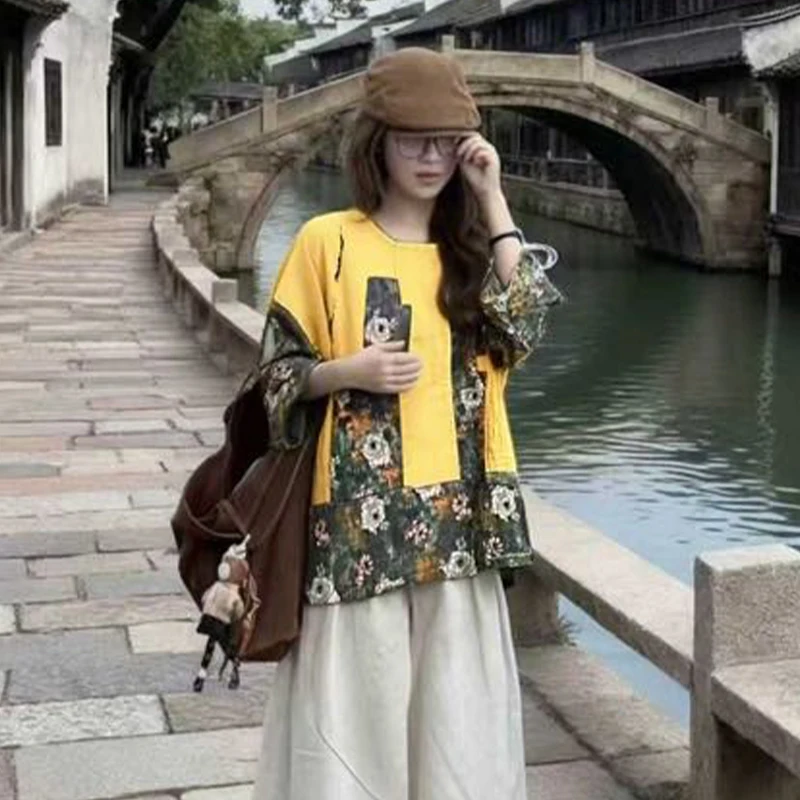 Masss Wasss British Design Vintage Floral T-shirts Females 2026 Fashion O Neck Tops Womens Spring Loose Causal Classic Clothes