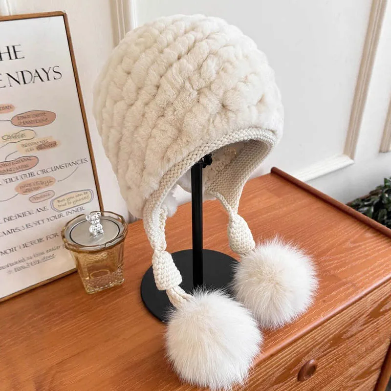 Women Winter Knitted Real Rabbit Fur Hat With Earflap Thick Warm Ladies Fashion Genuine Fur Caps With Real Fox Fur Pom Pom