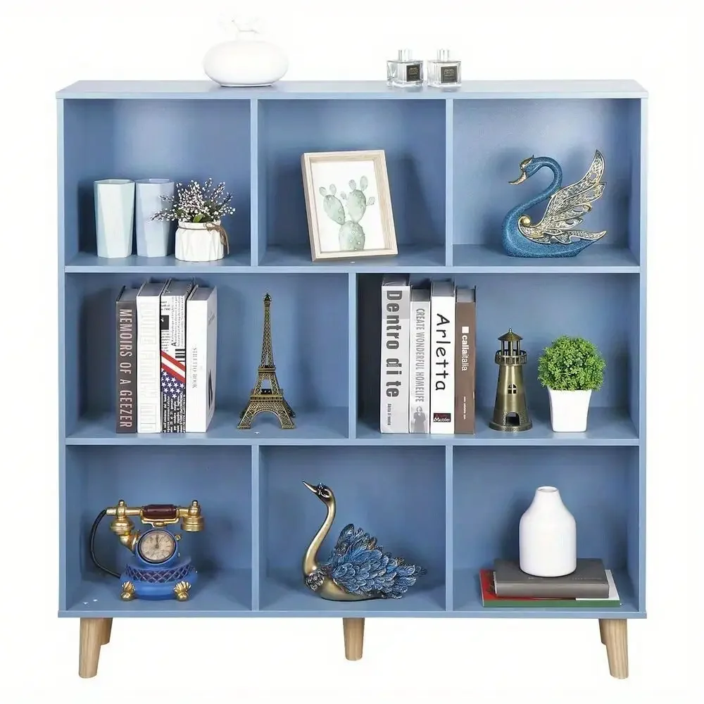 3-Tier 8 Cube Wood Open Shelf Bookcase Storage Organizer with Legs, Bright Blue