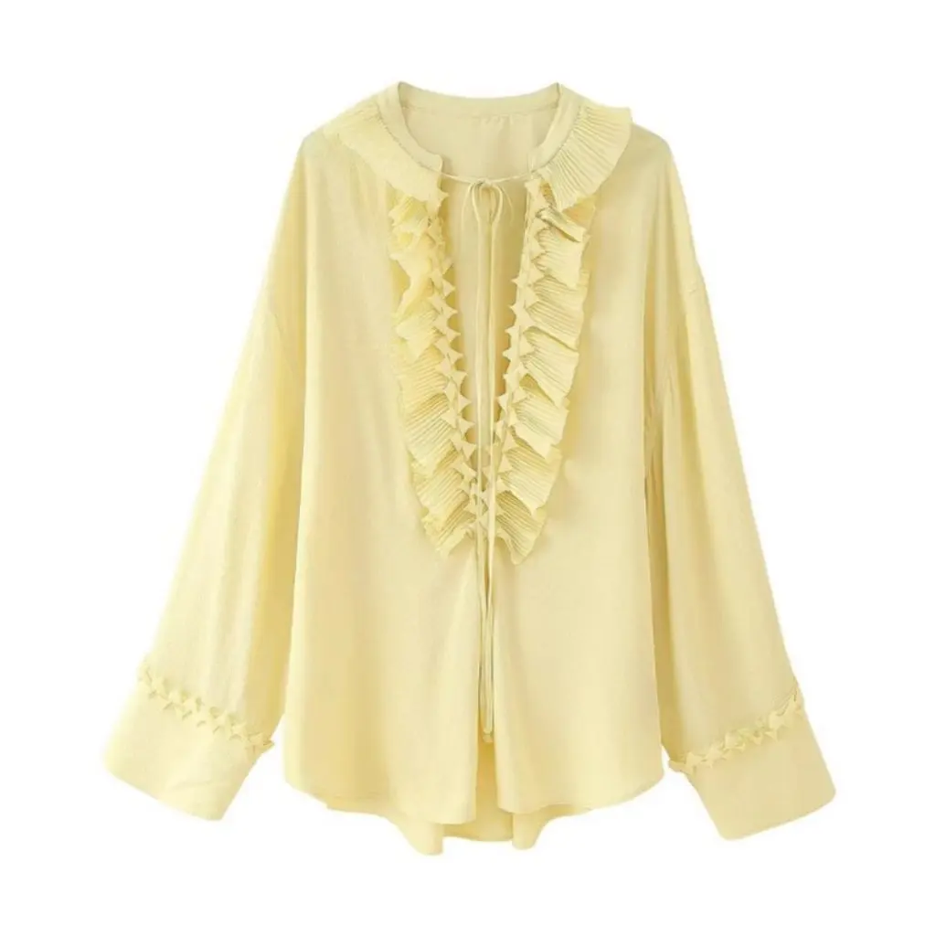 

Women's Trendy Fashion Pleated V-Neck Chiffon Top European And American Design New Spring Clothing