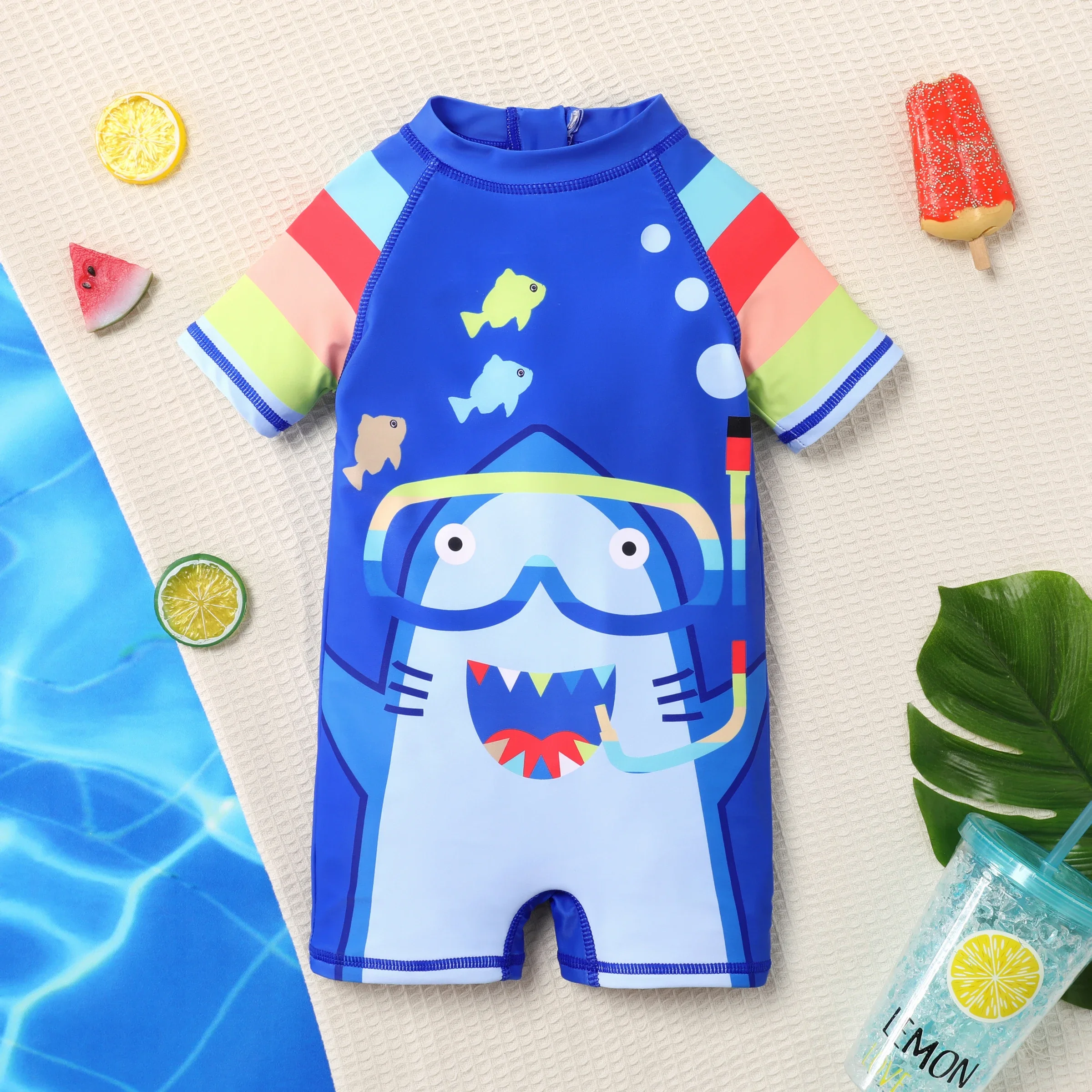 PatPat  Toddler Boys Childlike Shark Stand Collar Swimsuit Suitable for Summer Season Soft and Comfortable