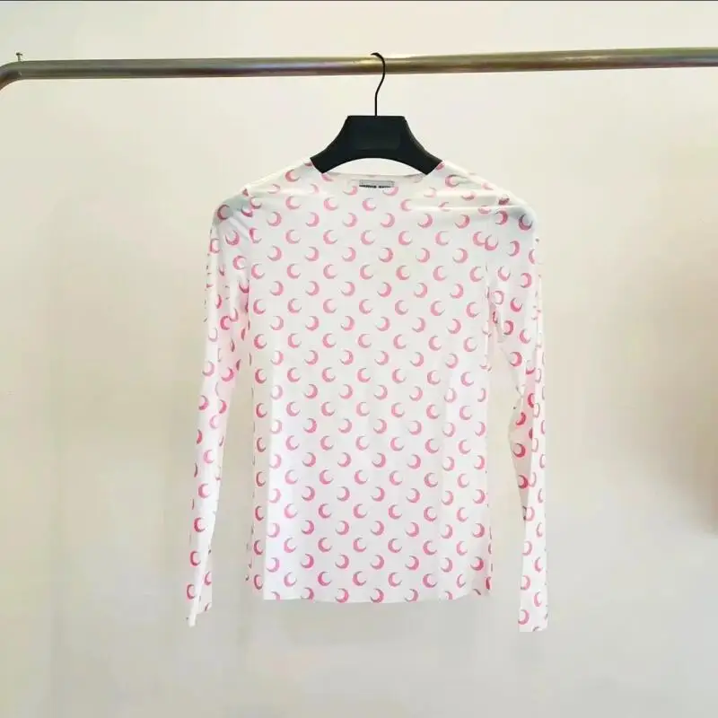 Spring Summer Top Women Long Sleeve Tshirt Moon Print Korean Fashion Classic Elastic Sunscreen Versatile Thin Fold