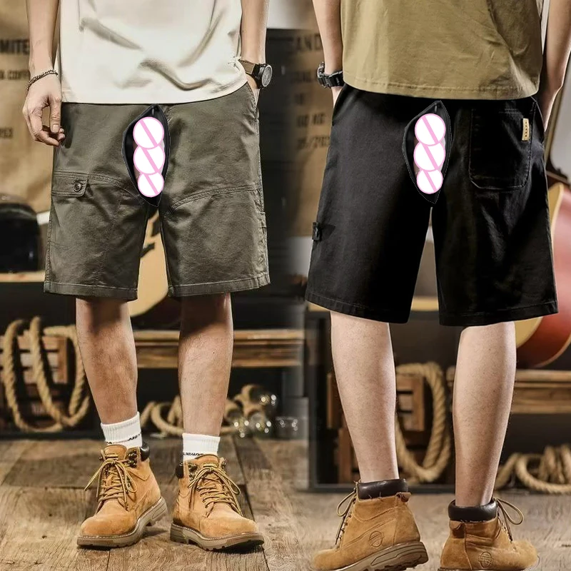 

Outdoor Sex Erotic Pants Invisible Open Crotch Retro Workwear Denim Men Loose Casual Jeans Plus Size Vintage Cotton Cargo Shorts