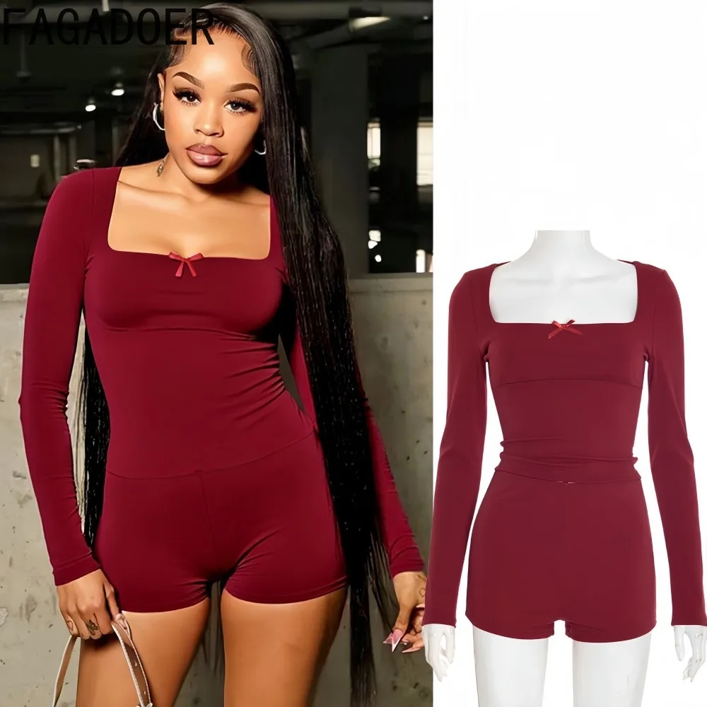 

FAGADOER сексуальный лоскутный комплект из 2 предметов с бантом для женского наряда, однотонный укороченный топ с длинными рукавами и шорты Siut, женская уличная одежда, новинка