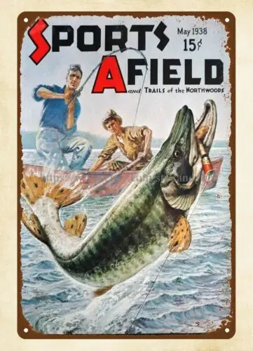 1938 SPORTS AFIELD magazine cover fishing metal tin sign the brewery pub plaque
