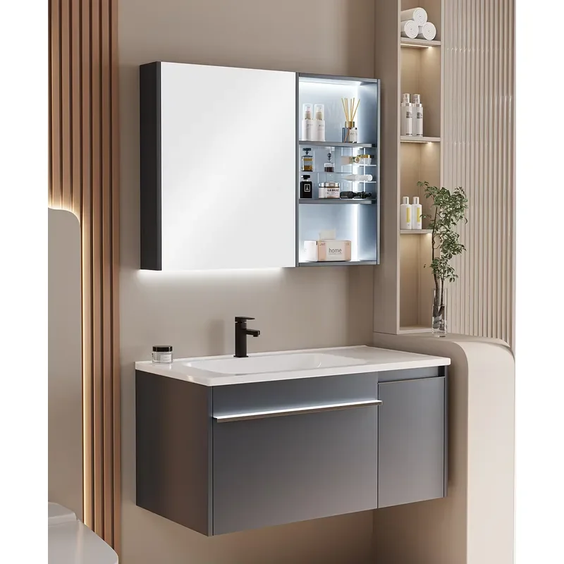 Multi-Layer Wood Bathroom Vanity Wall Mount Charcoal Grey Backlit Mirror 3 Tier Display Shelf Storage Renovation OEM Supplier