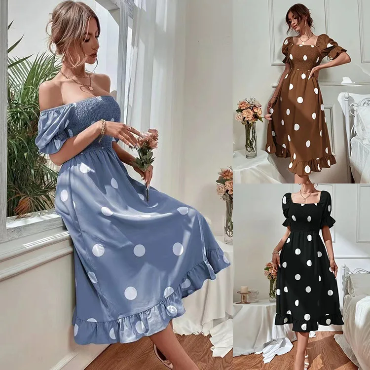 

2024 Summer A Slim Short Sleeve Dress Women Large Polka Dots Ruffles Dropshipping Sqrare Collar