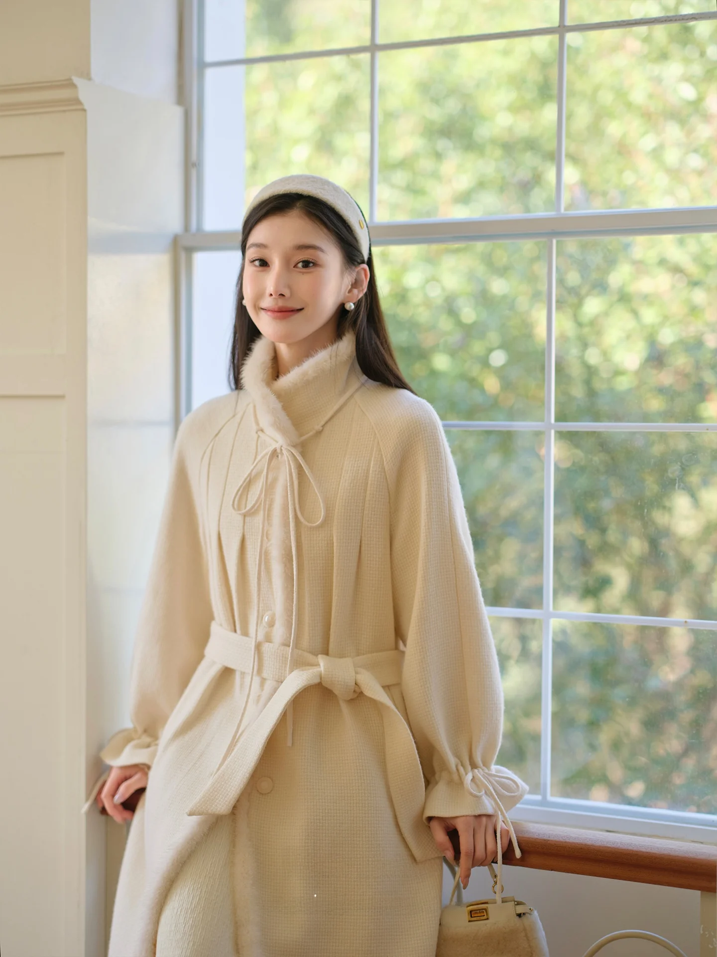 

Roro eep Linnea Gentle Interweaving 00 Wool Fur Collar Mid-Length Women's Coat Ele Sle Long Sve Single Button