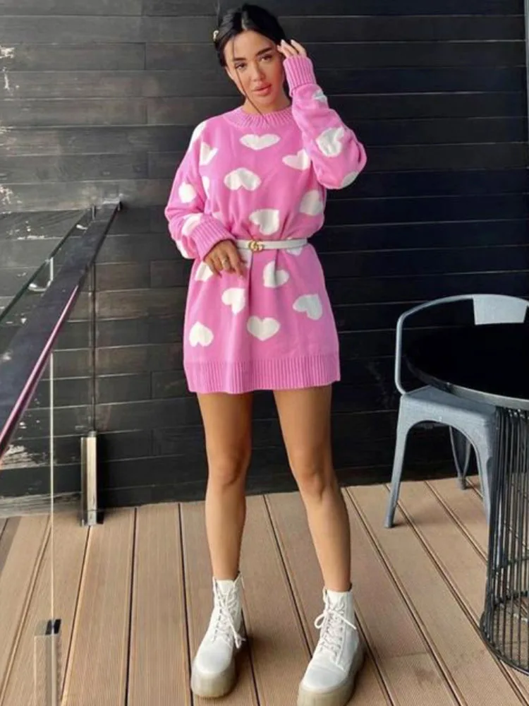 Blifanbo outono inverno impressão camisola de malha vestido médio feminino manga longa solta o pescoço curto malha moda retalhos vestido data