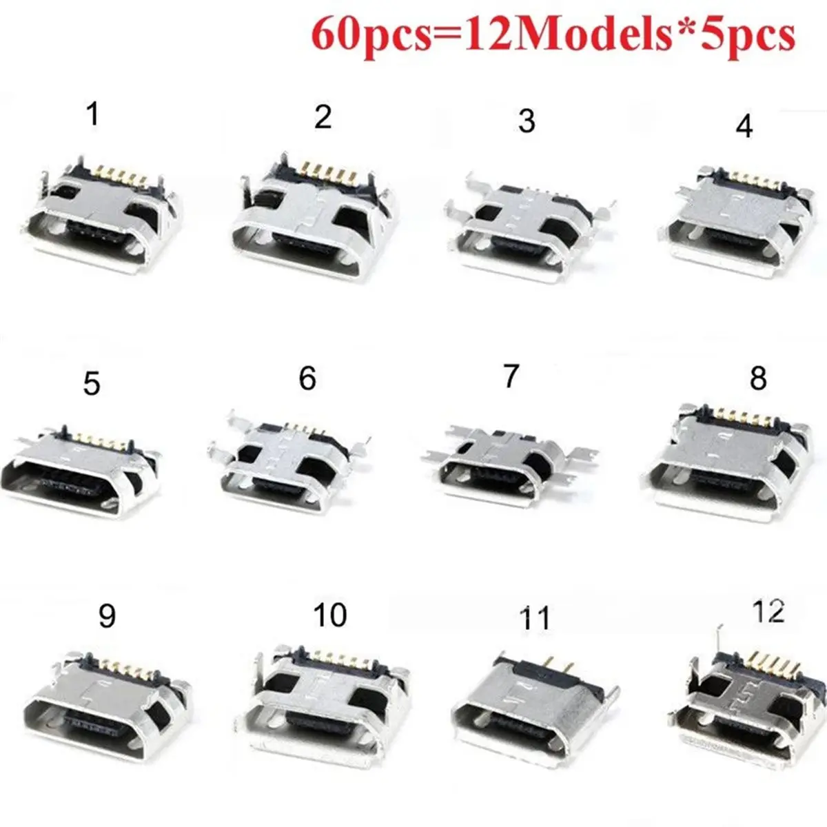 60PCS Micro-USB Female Connector Kit 5-Pin USB Socket 12 Types Micro-USB