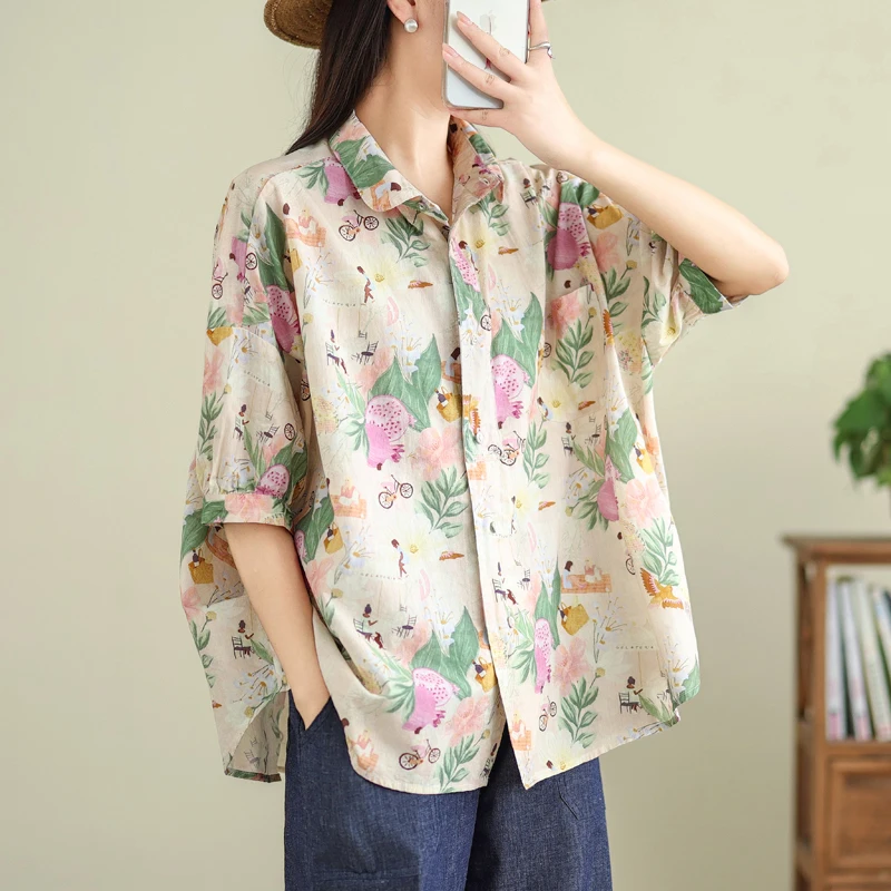 

Retro Hong Kong Sle Printed Casual ort Sve irt Women's plus Size Loose Commute Meat Covering Top Trendy Cotton Blend