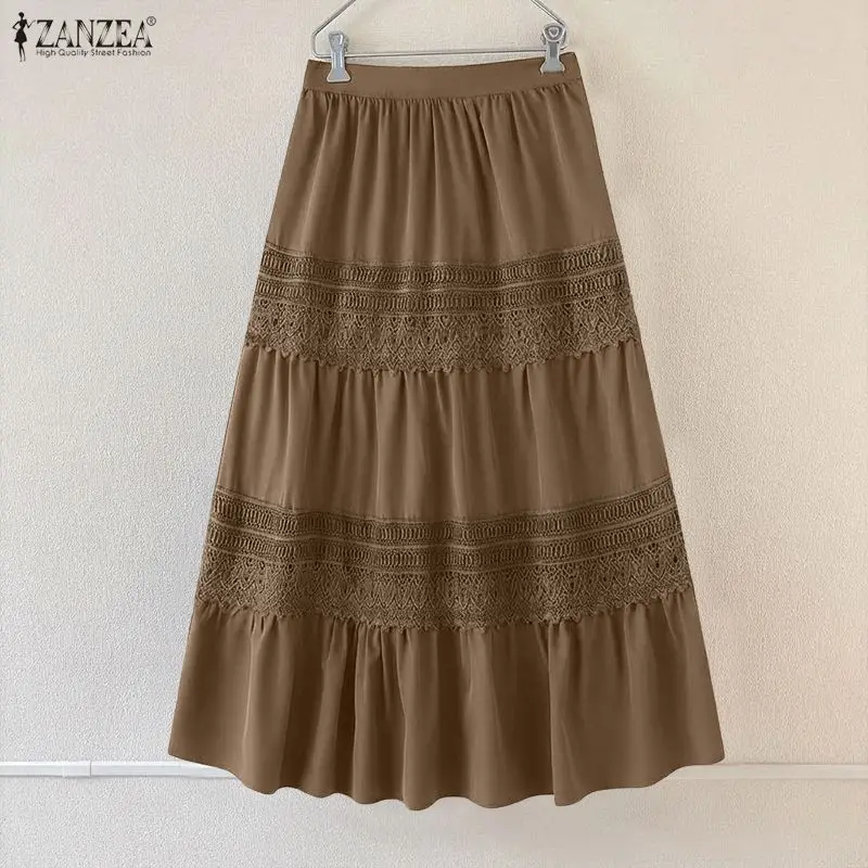 ZANZEA Oversized Long Skirts Women High Waist Lace Ruffled Maxi Bottoms Summer Patchwork Elastic Waist Casual Jupes Faldas Saia