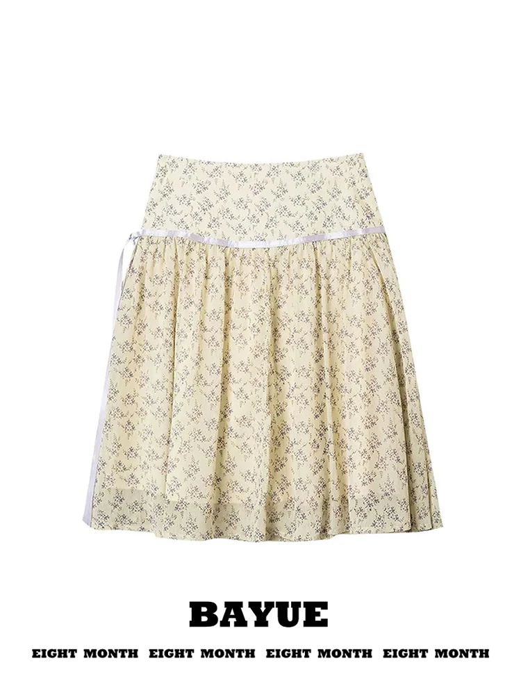 

Yellow Floral Print Halter Neck Dress High Waist Bow Tie Skirt A-Line Silhouette Summer Collection Women's Fashion