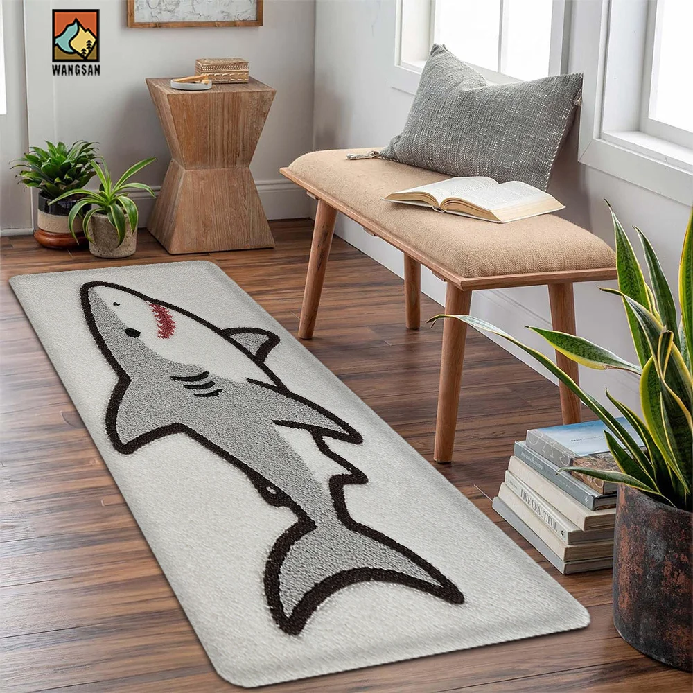 1pc 2D Flat Cute Cartoon Shark Outline Flannel Bath Mat Non Slip Kawaii Ocean Animal Rug for Kids Bathroom Shower Floor Decor