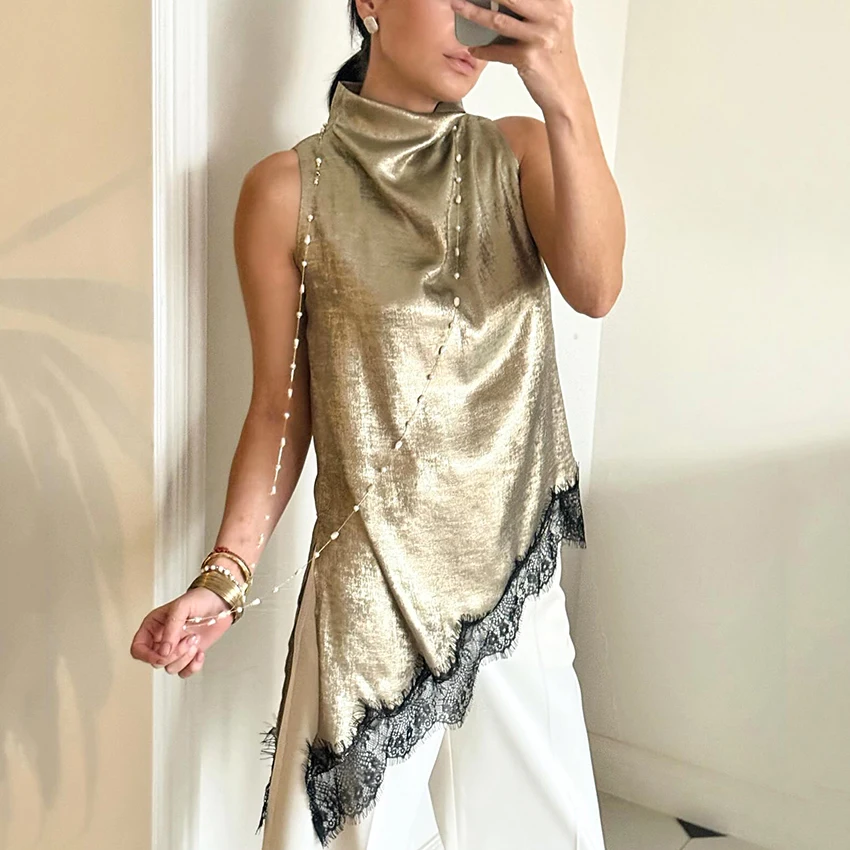 Linad أنيقة الدانتيل غير النظامية الياقة المدورة تانك القمم الشارع شيك الأسود سترة دون أكمام الإناث موضة المرقعة كاميس 2026 الربيع #2