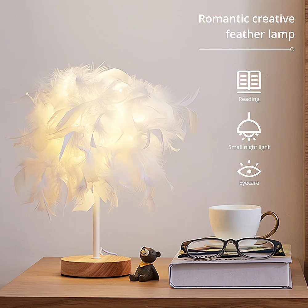 Warm Small Feather Table Lamp LED DC 5V USB Romantic Creative For Wedding Decoration Night Light Girl Bedroom Bedside Atmosphere