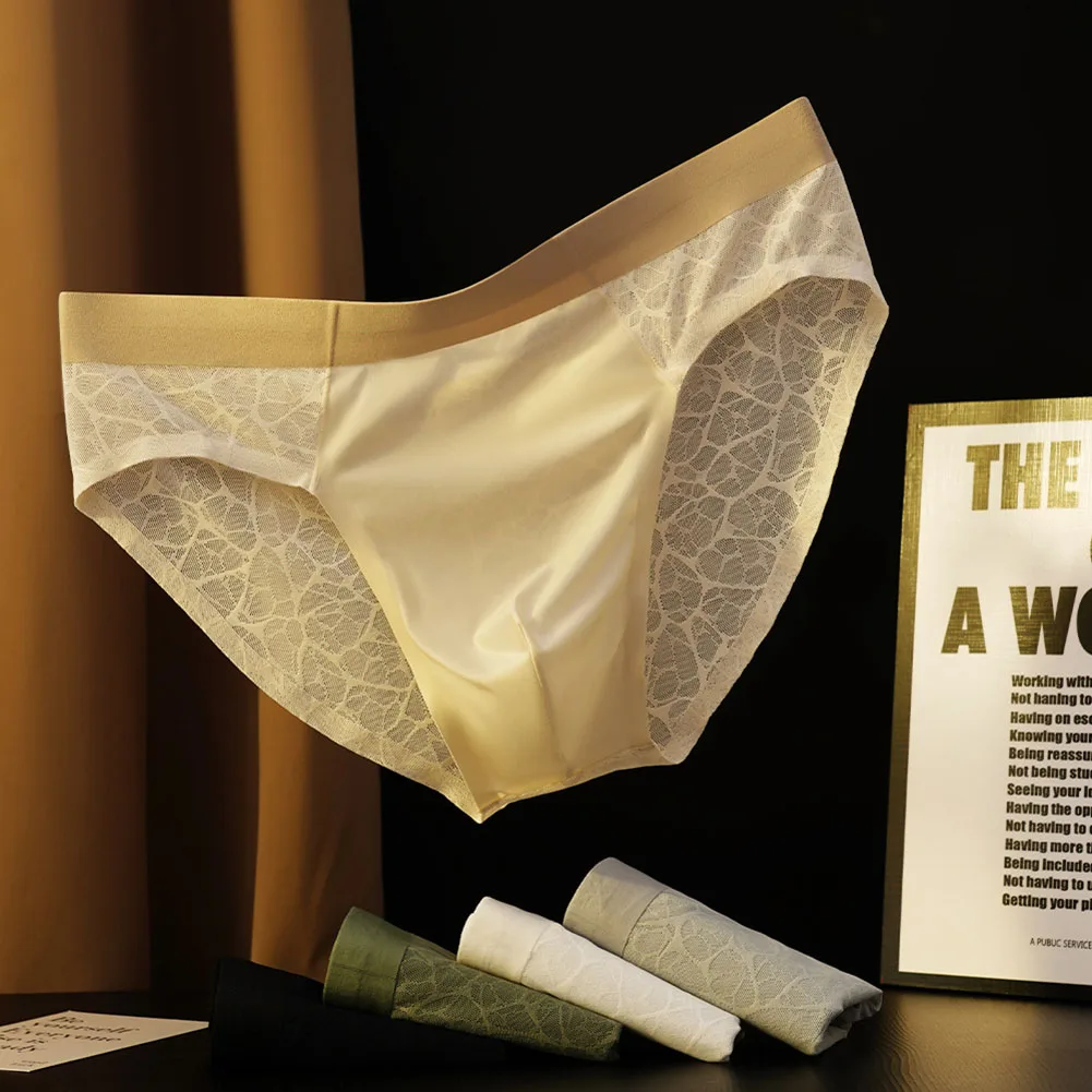

Men's Lingerie Jacquard Panties Ice Silk Sheer Underpants Mid-rise Briefs Breathable Boxer Shorts Seamless Trunks Underwear