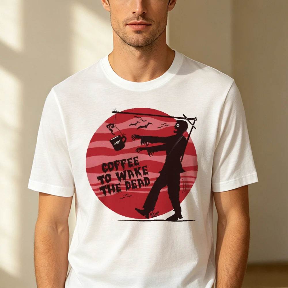 Coffee To Wake The Dead Zombie Bat Red Circle Graphic Men Summer T Shirt Spooky Halloween Humor Daily Short Sleeve Top